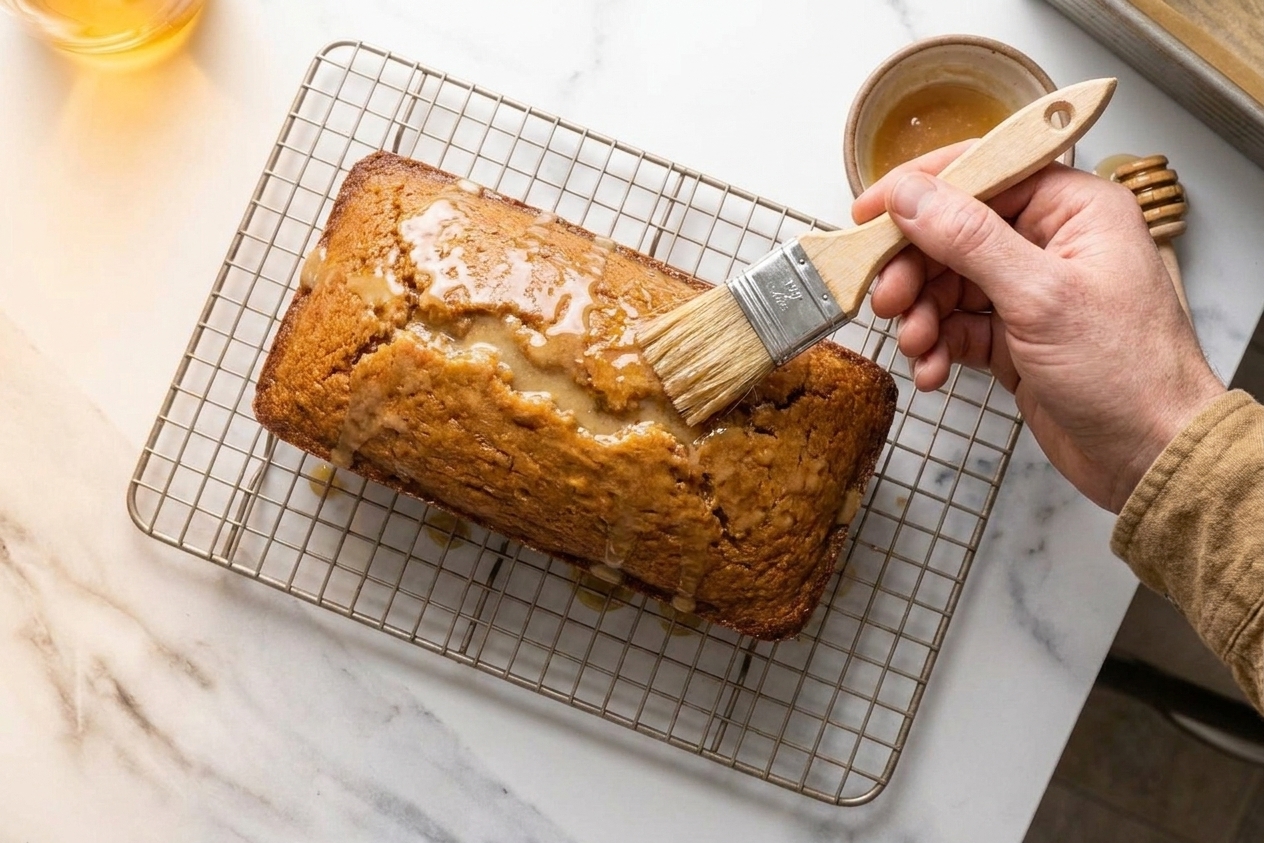 A pastry brush spreading shiny honey glaze over the top of a cooled honey cake loaf on a wire rack