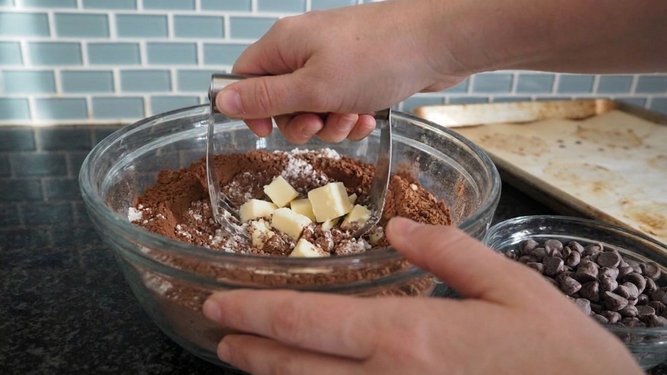 A pastry cutter cutting cold butter into a cocoa and flour mixture in a large mixing bowl