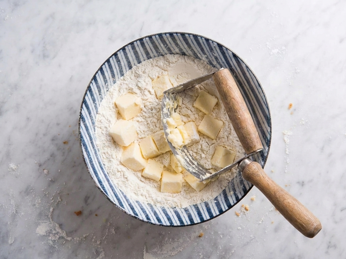 A pastry cutter pressed into flour and butter pieces in a mixing bowl with visible pea-sized butter chunks