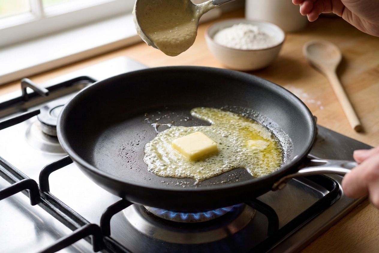 A pat of butter melting in a nonstick skillet on a stovetop just before pancake batter is added