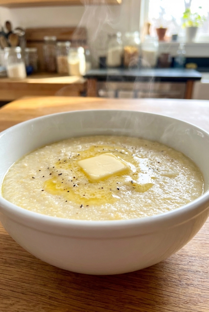 A pat of butter melting into hot creamy grits in a bowl