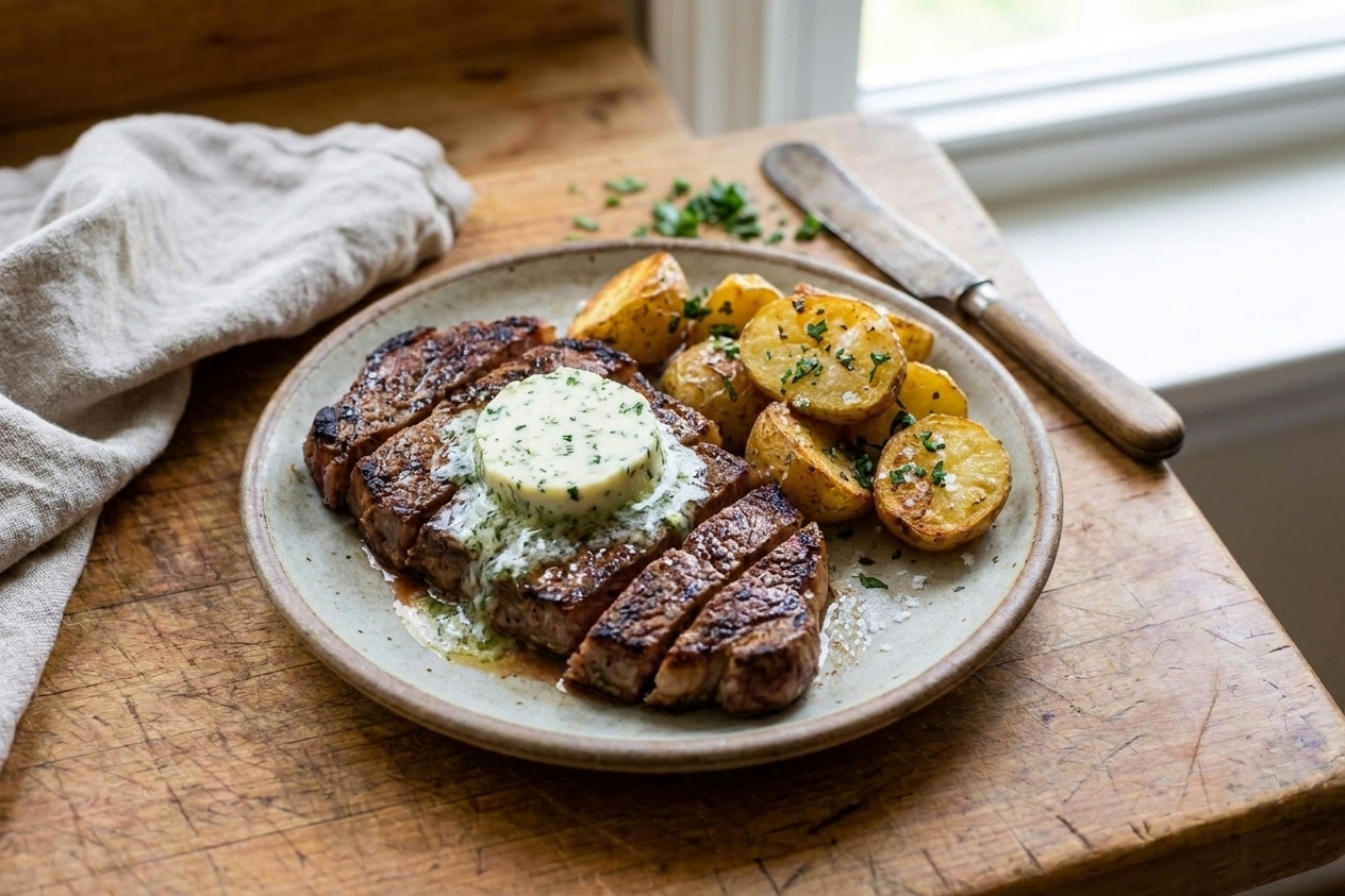 A pat of garlic herb compound butter melting over a sliced grilled steak on a plate with roasted potatoes