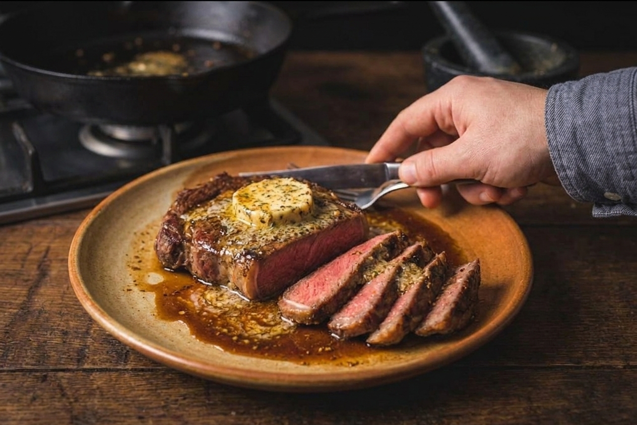 A pat of seasoned compound butter melting over a sliced steak on a warm plate with juices pooling around it