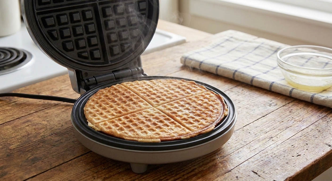 A patterned waffle cone round cooking in a waffle cone maker as it turns golden
