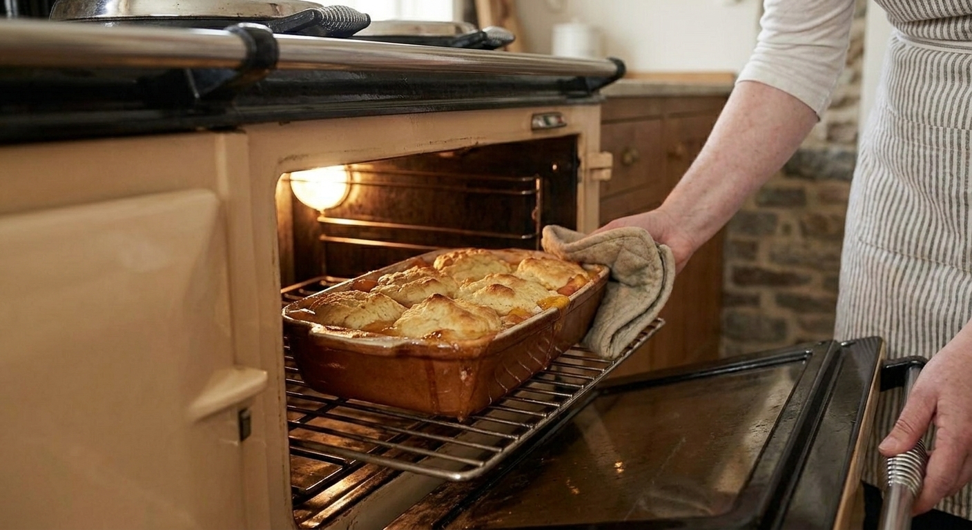 A peach cobbler baking in an oven with a golden biscuit topping beginning to brown