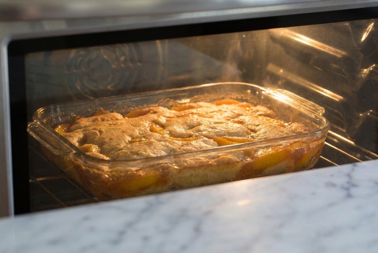 A peach cobbler baking in the oven with a golden crust forming and peach syrup bubbling around the edges
