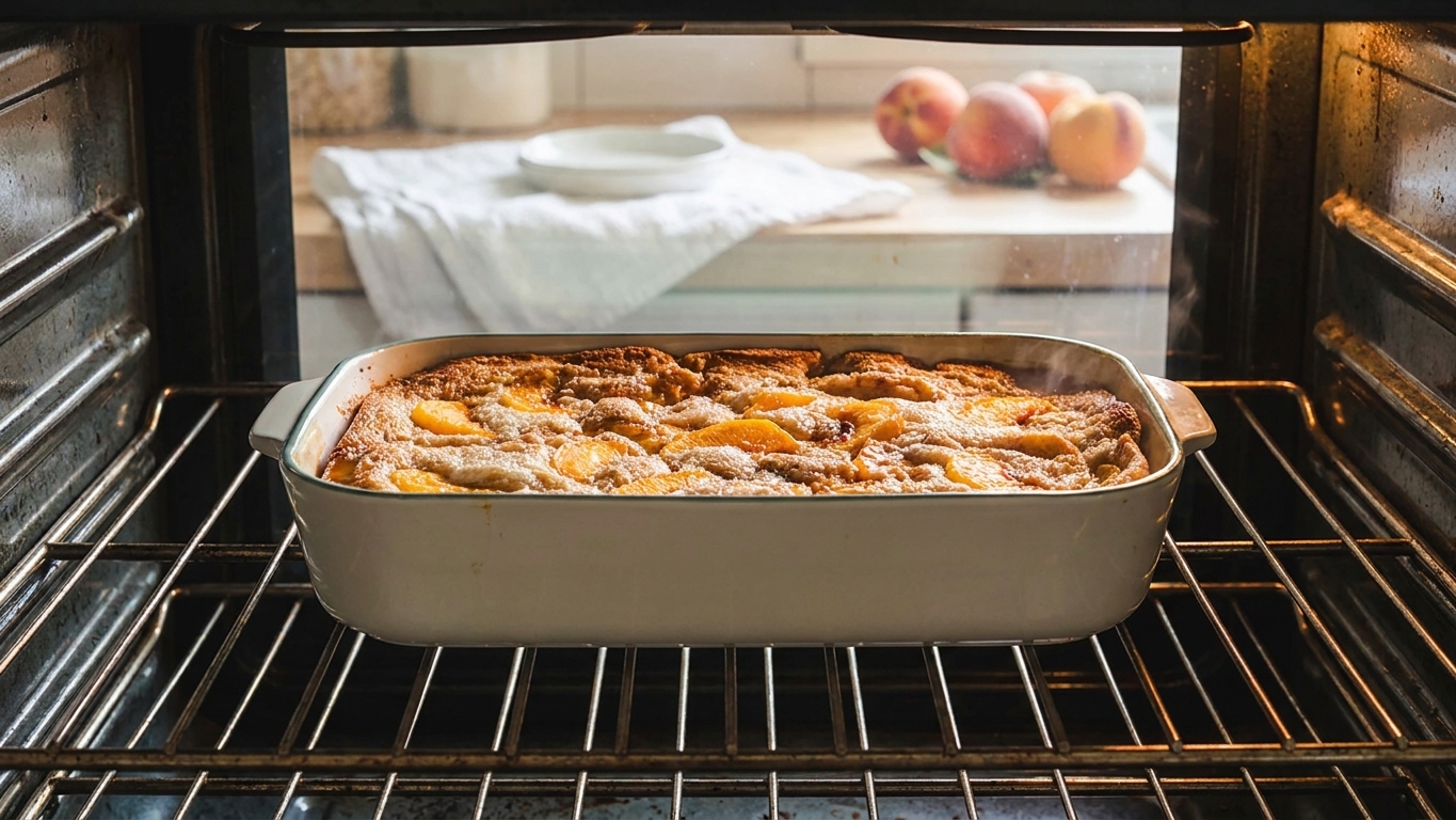 A peach cobbler baking on the middle rack of an oven with the top turning golden brown