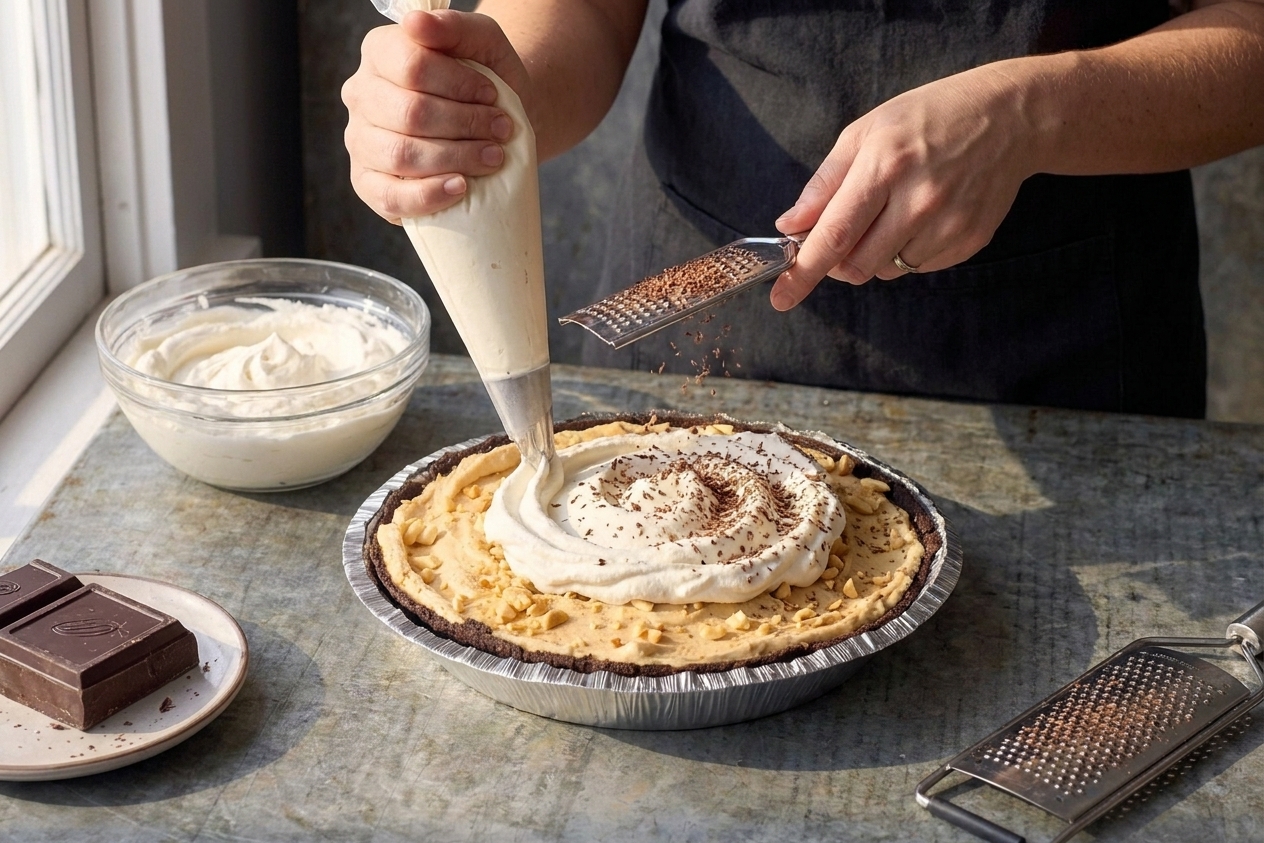 A peanut butter pie being topped with whipped cream swirls and chocolate shavings in a bright home kitchen