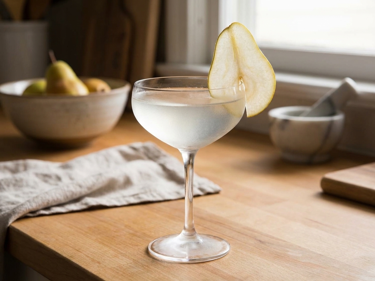 A pear martini in a chilled coupe glass with a thin pear slice garnish resting on the rim on a softly lit kitchen counter