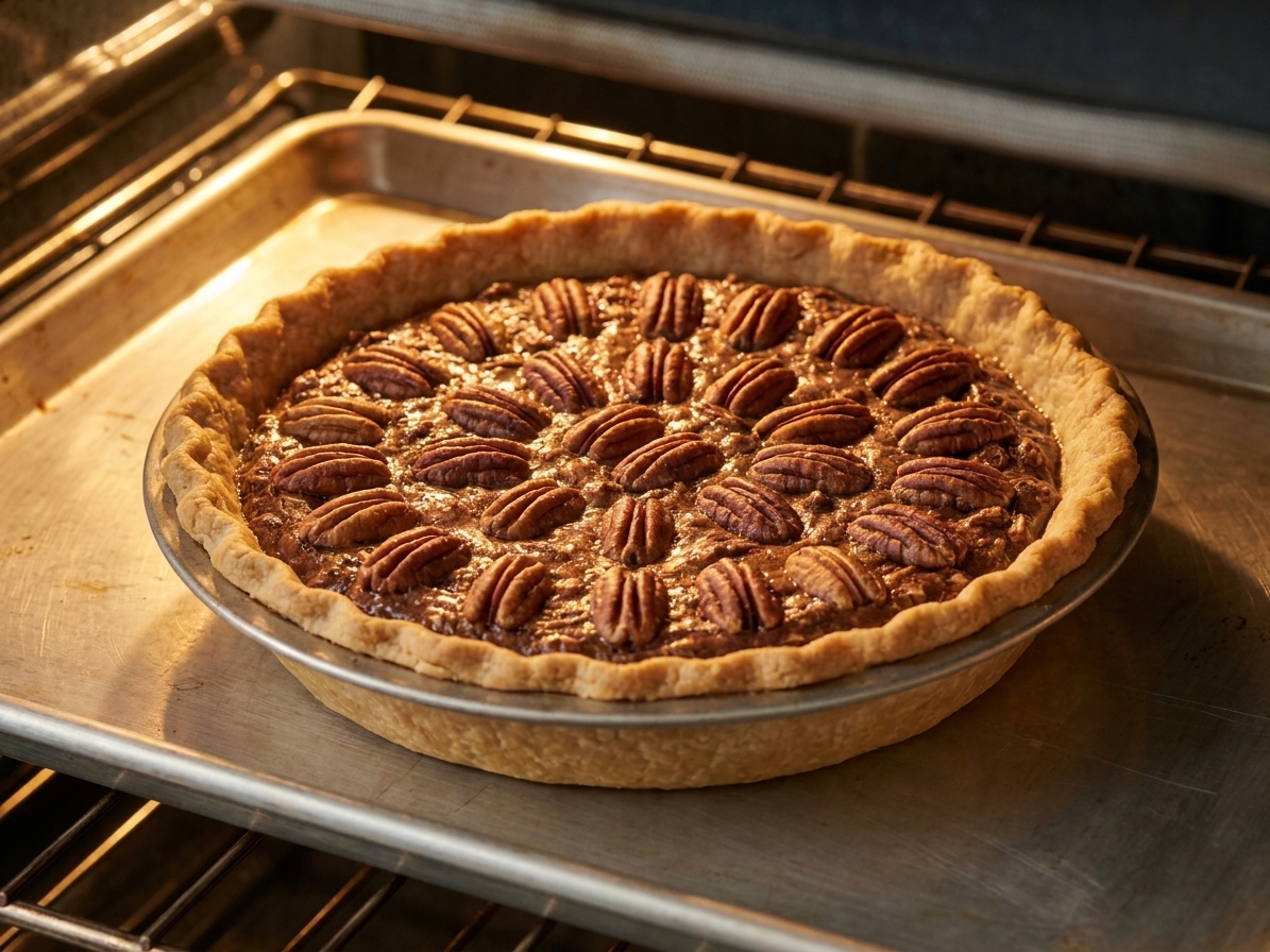 A pecan chocolate pie baking on a sheet pan inside an oven with the filling puffed slightly and the crust turning golden