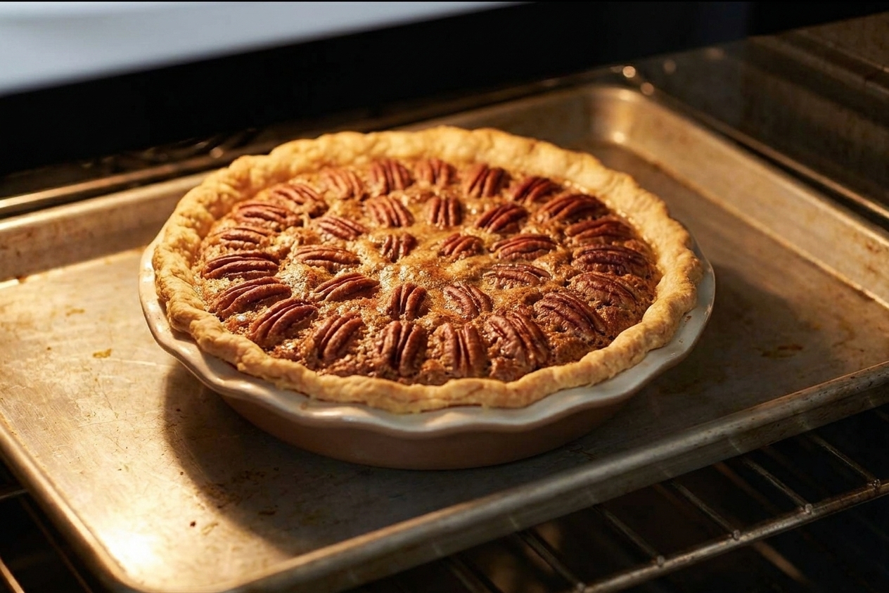 A pecan pie baking on a sheet pan inside an oven, the filling puffed slightly and pecans browned on top