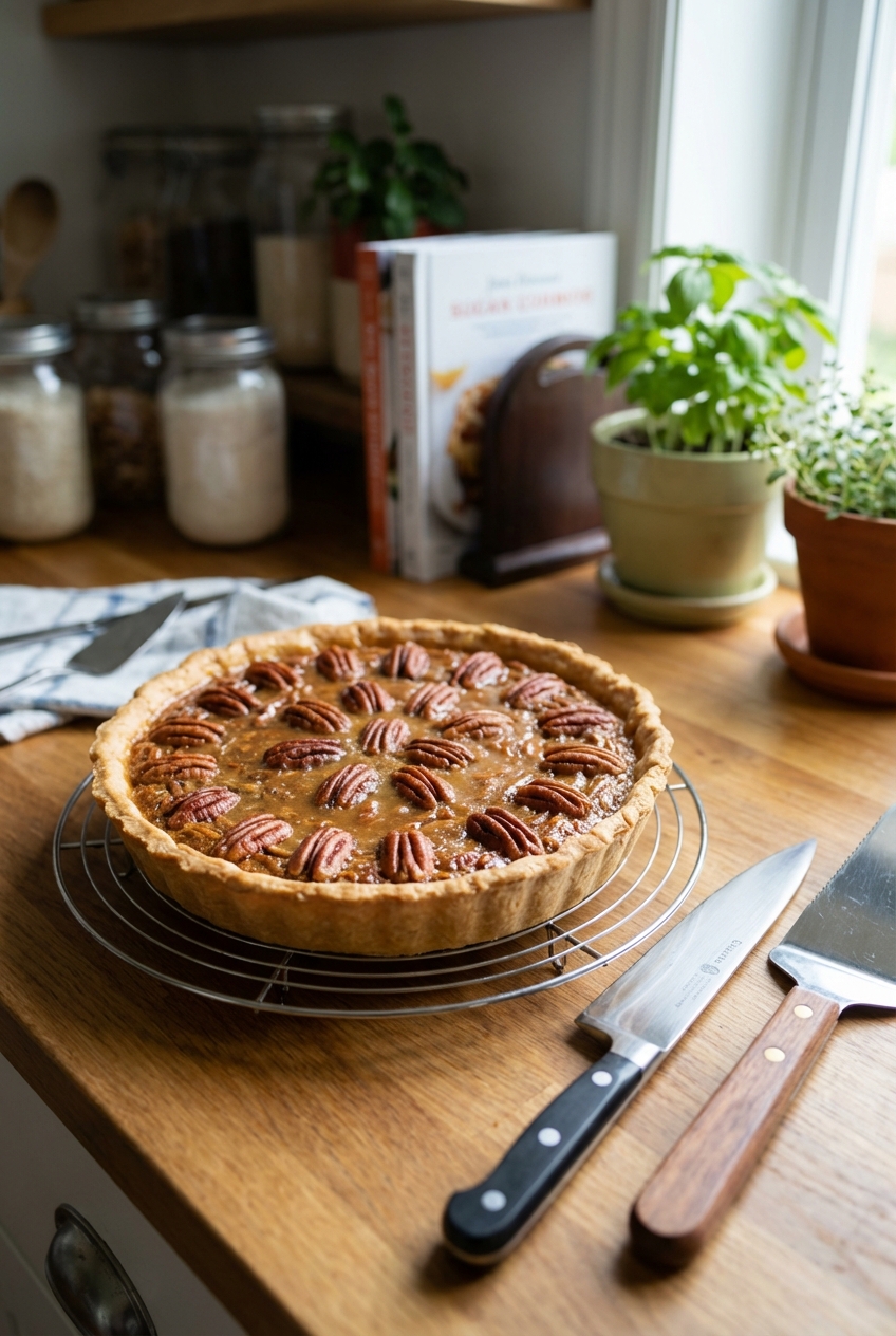 A pecan pie cooling on a wire rack with a knife and pie server nearby