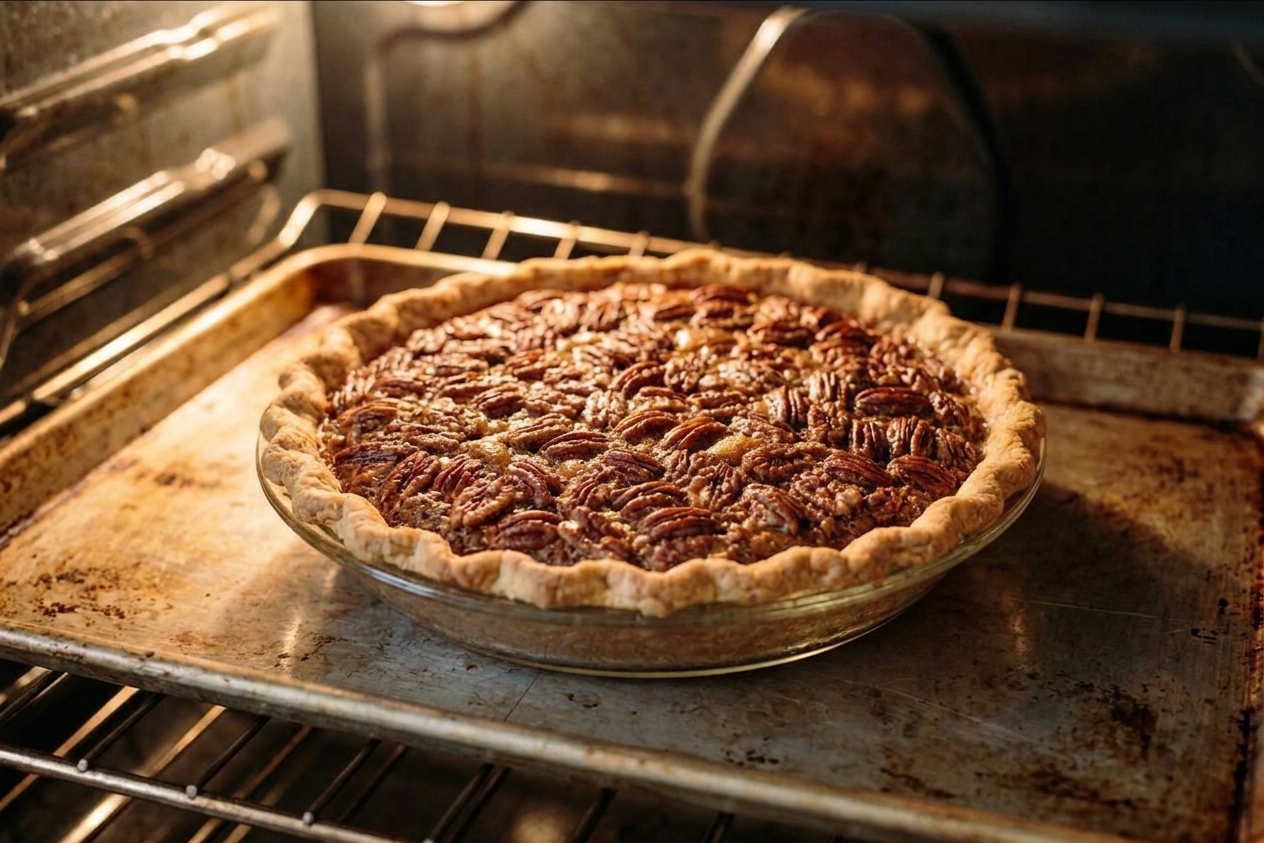 A pecan pie on a baking sheet inside an oven with the filling puffed and pecans toasted