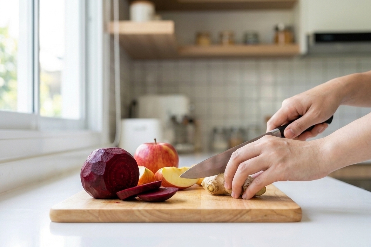 A peeled beet, sliced apple, and knob of ginger on a cutting board with a chef’s knife in a bright home kitchen