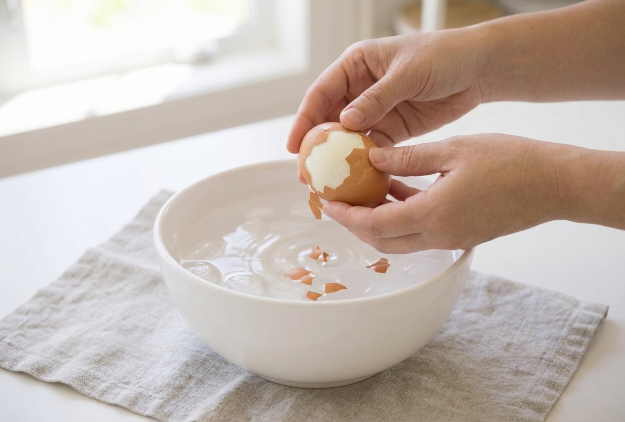 A peeled egg in progress over a bowl, with bits of shell falling away