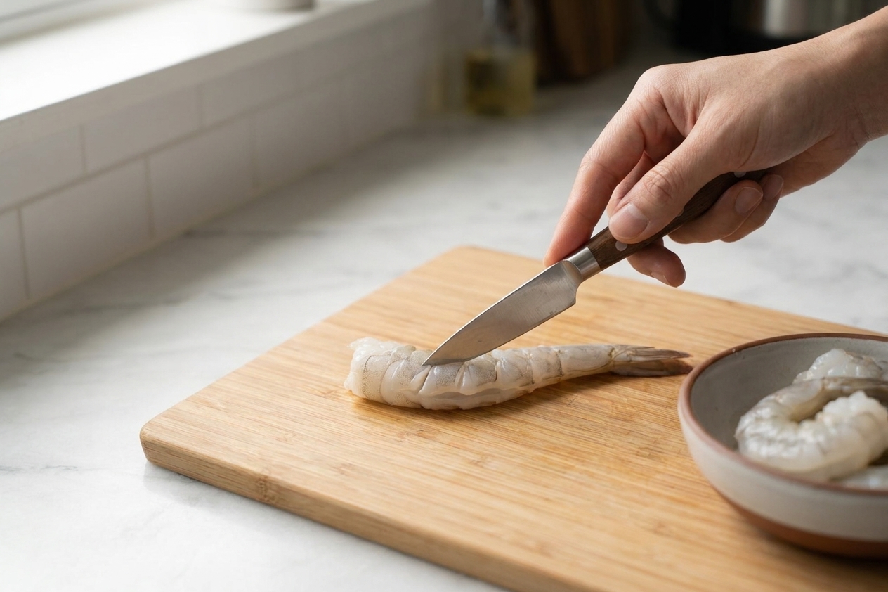 A peeled shrimp on a cutting board being scored with shallow slashes along the belly side to help it stay straight during frying