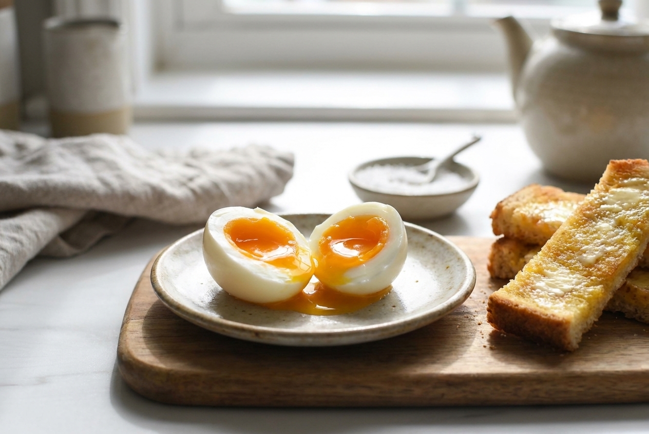 A peeled soft-boiled egg cut in half with a jammy golden yolk on a small plate