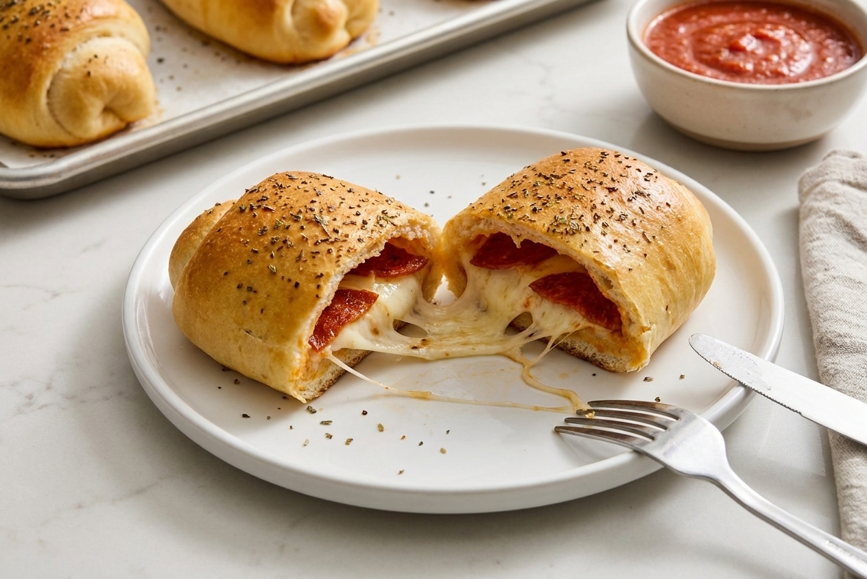 A pepperoni roll cut open on a plate showing melted mozzarella and pepperoni inside