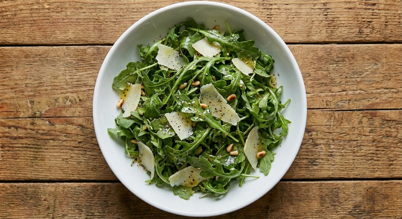 A peppery arugula salad in a bowl with shaved Parmesan and lemon vinaigrette