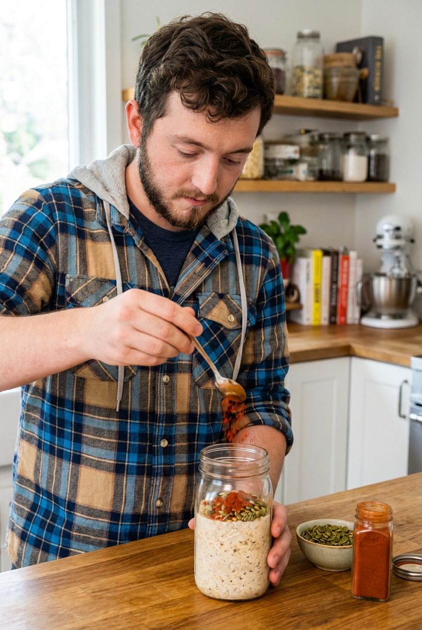 A person adding smoked paprika and pepitas on top of overnight oats in a jar