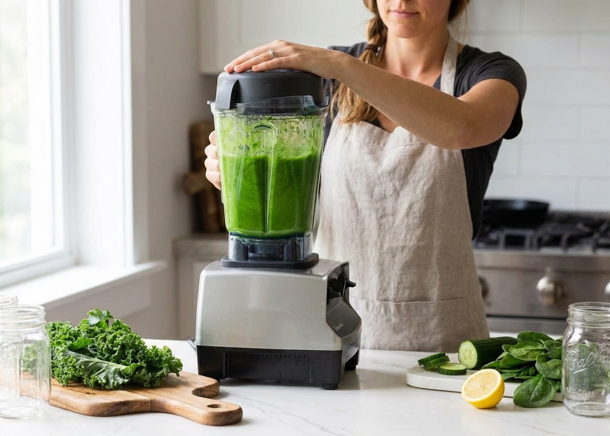A person blending a bright green juice in a high-speed blender on a home kitchen counter