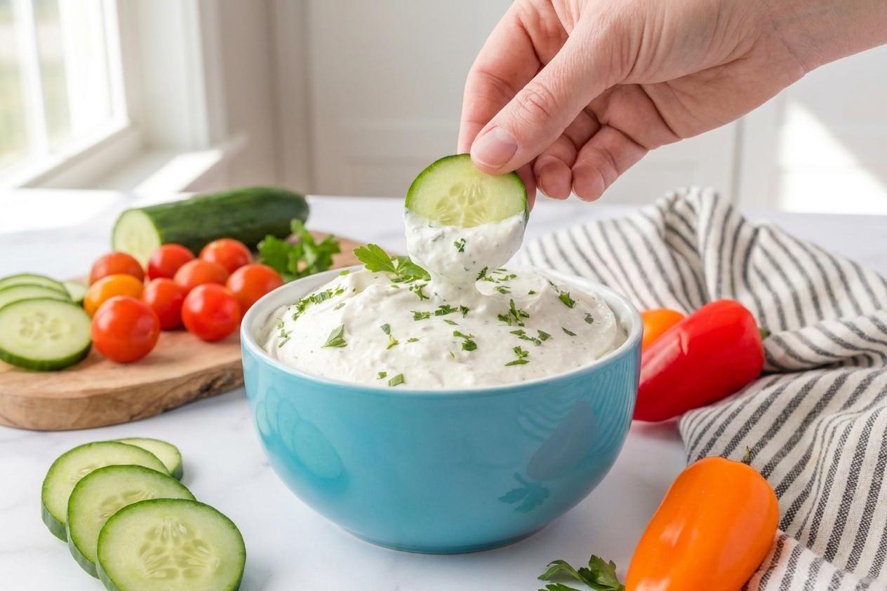 A person dipping a cucumber slice into a bowl of creamy cottage cheese ranch dip on a kitchen counter with afternoon window light