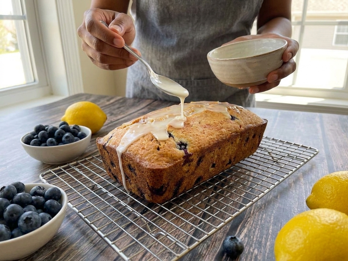 A person drizzling lemon glaze over a lemon blueberry loaf cake on a wire cooling rack in a home kitchen
