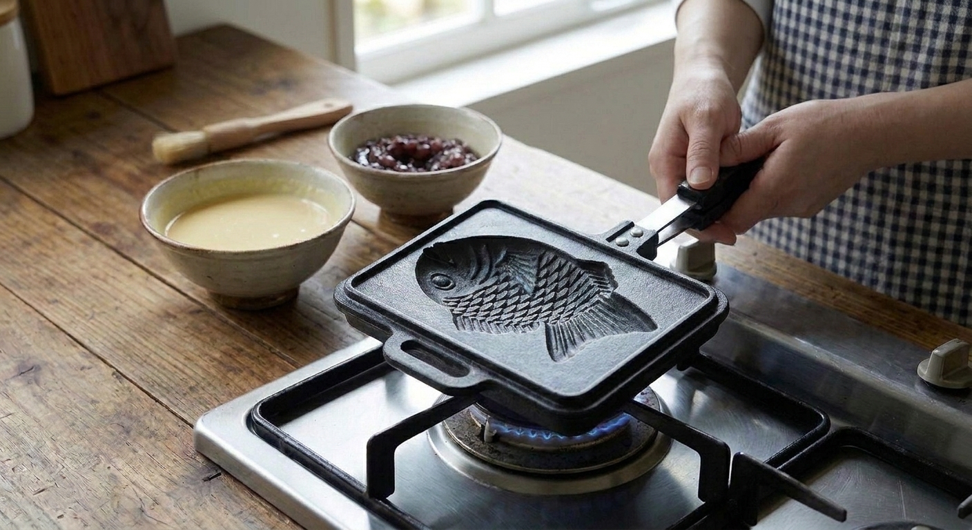 A person flipping a closed taiyaki pan over a stovetop burner with steady hands