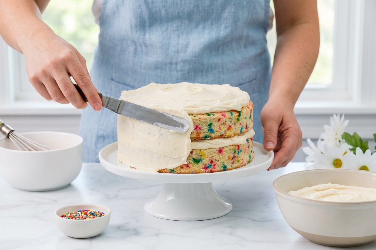 A person frosting a confetti layer cake with vanilla buttercream using an offset spatula on a cake stand in a home kitchen