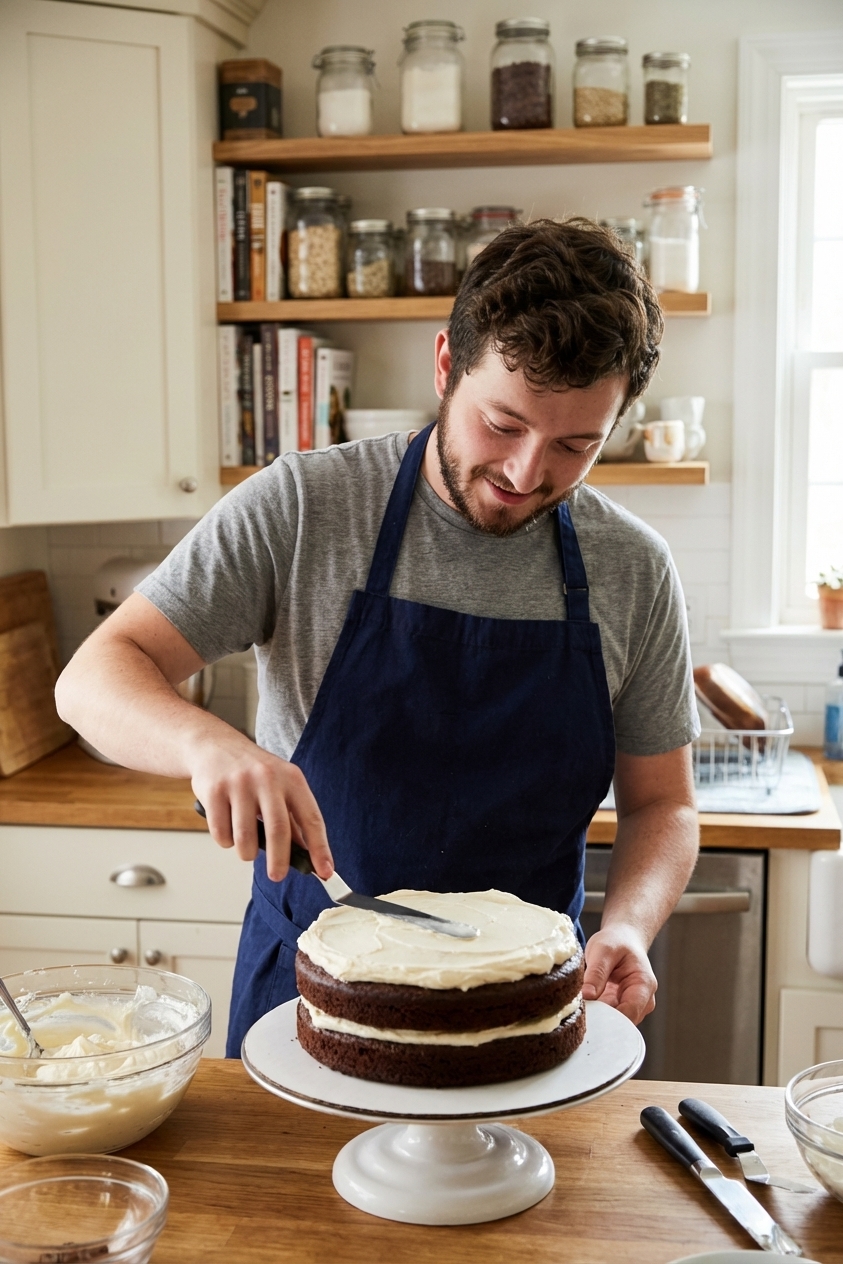 A person frosting a cooled layer cake with an offset spatula on a cake stand in a home kitchen