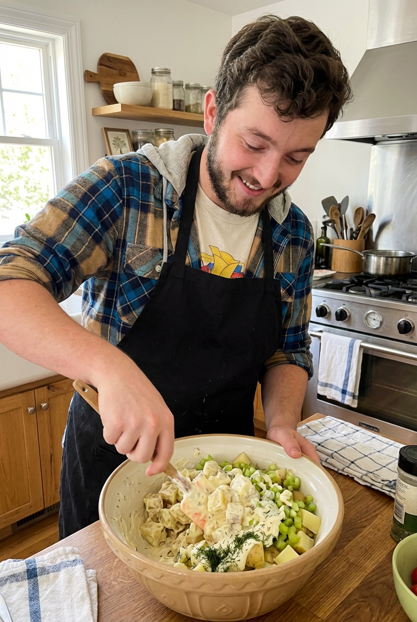 A person gently folding creamy potato salad in a large mixing bowl with a rubber spatula in a home kitchen