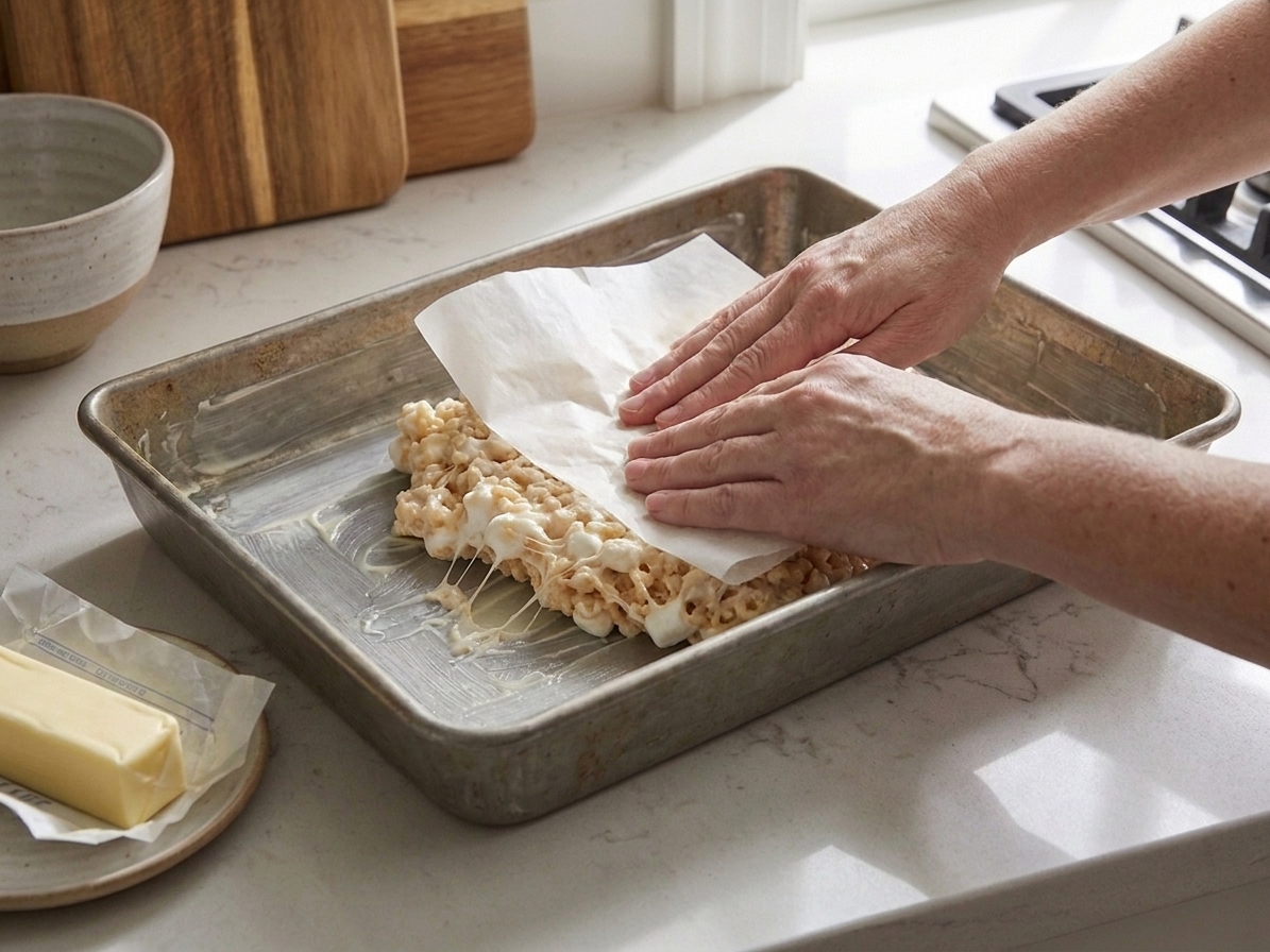 A person gently pressing warm crispy rice cereal mixture into a buttered baking pan using parchment paper on a kitchen counter