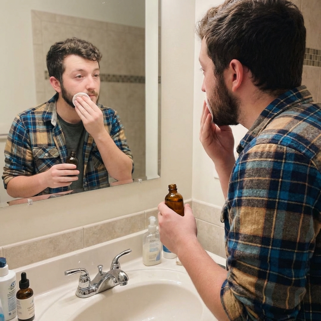 A person holding a cotton round and an amber bottle while applying toner at a bathroom sink