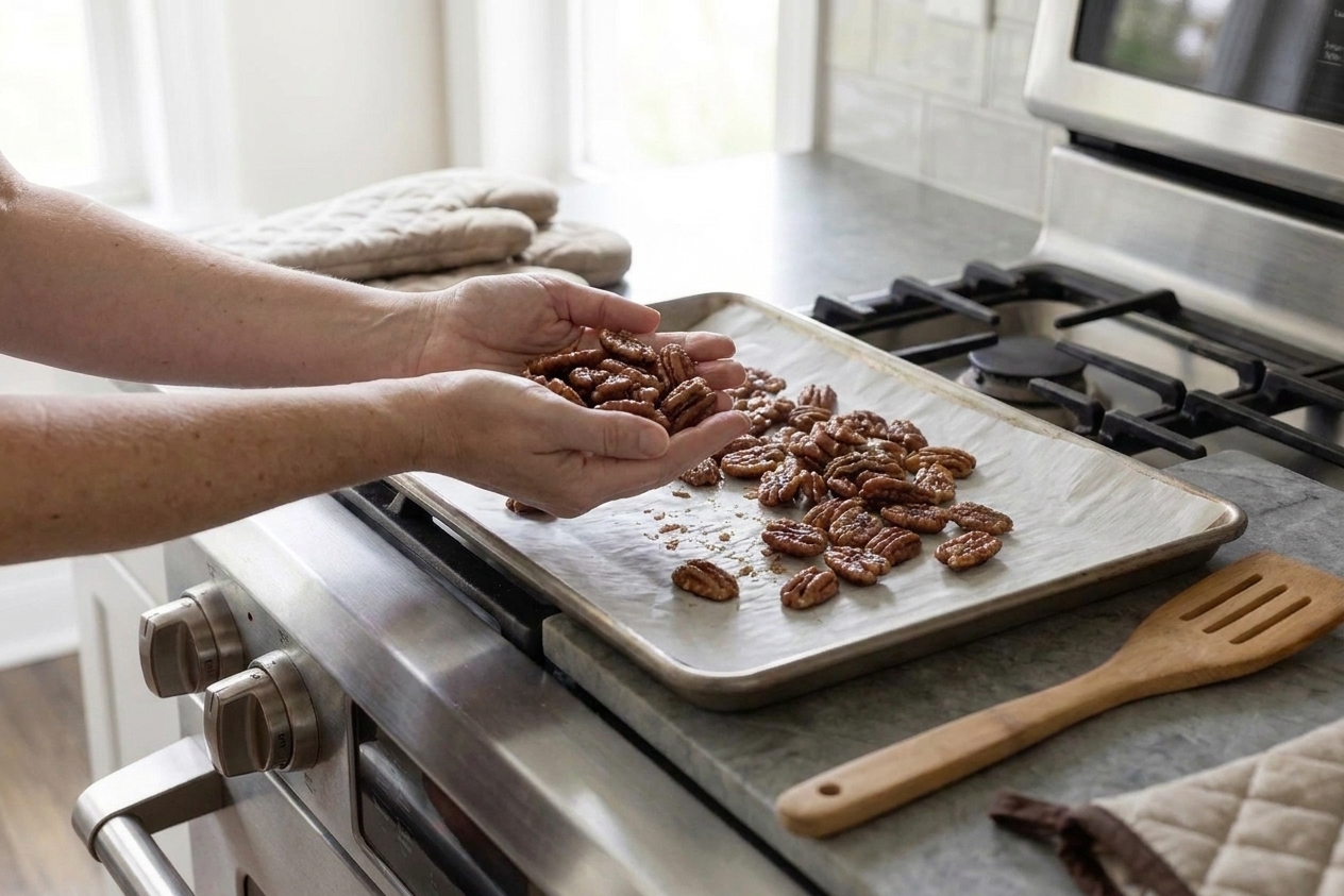 A person holding a small handful of crisp praline pecans over a baking sheet on a bright kitchen counter