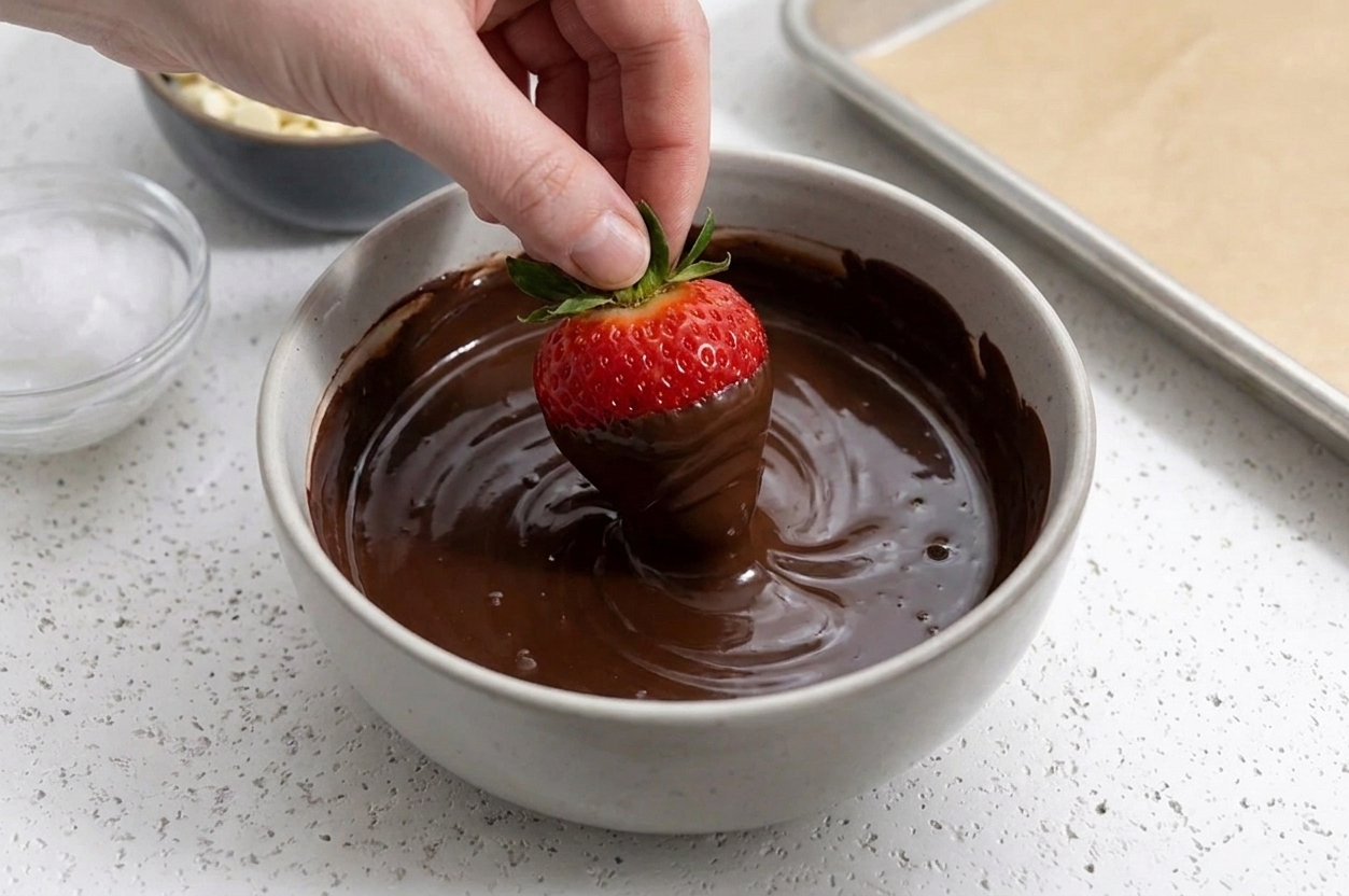 A person holding a strawberry by the stem and dipping it into a bowl of melted chocolate