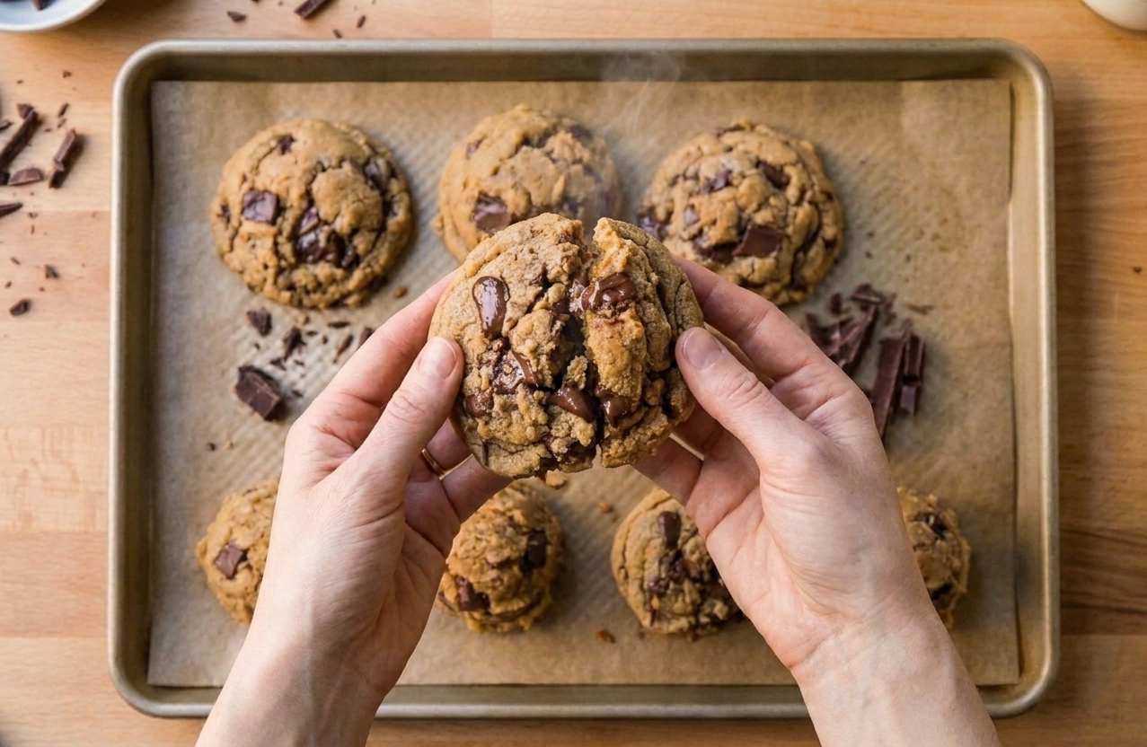 A person holding a warm peanut butter chocolate chip cookie split in half over a baking sheet, chocolate chips still glossy