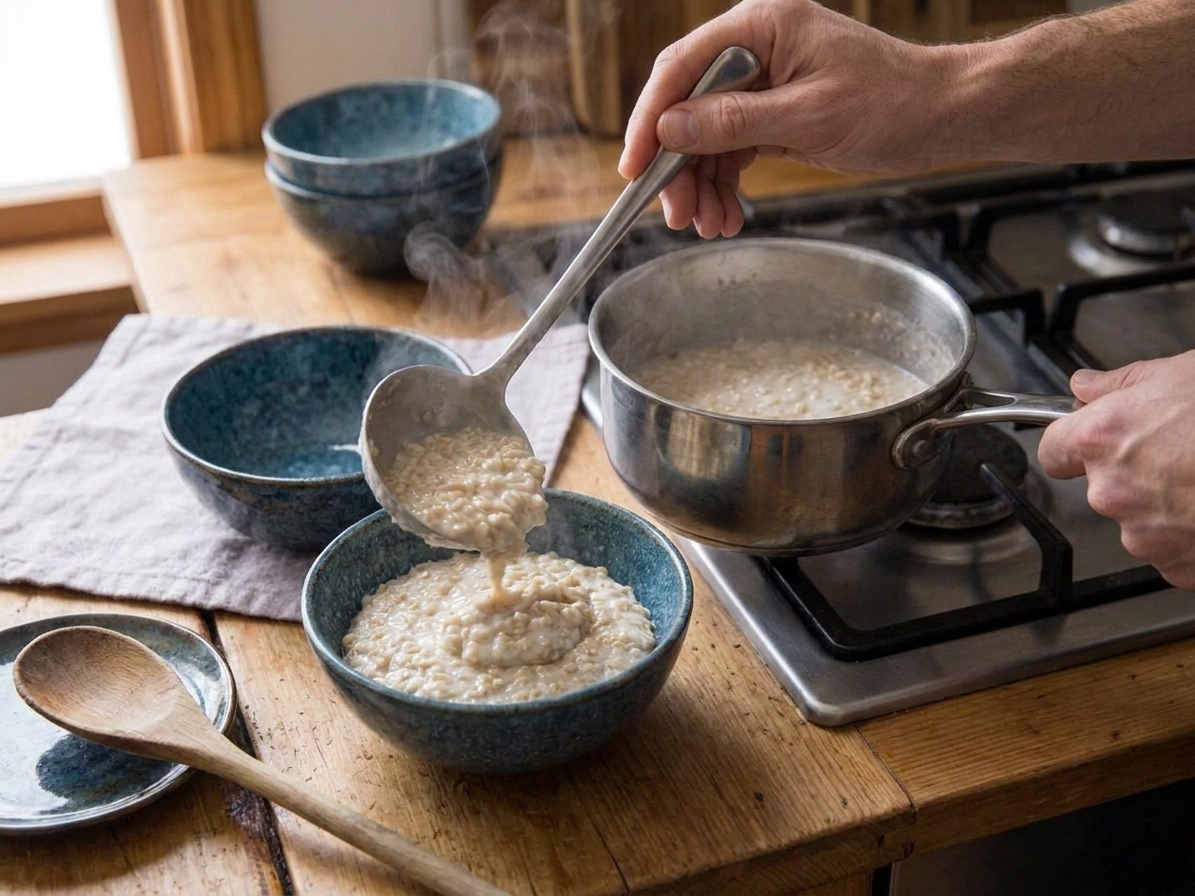 A person ladling creamy Irish oats from a saucepan into two ceramic bowls on a kitchen counter