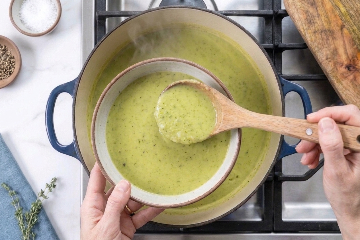 A person ladling creamy zucchini soup from a pot into a shallow bowl on a kitchen counter with a towel and herbs nearby