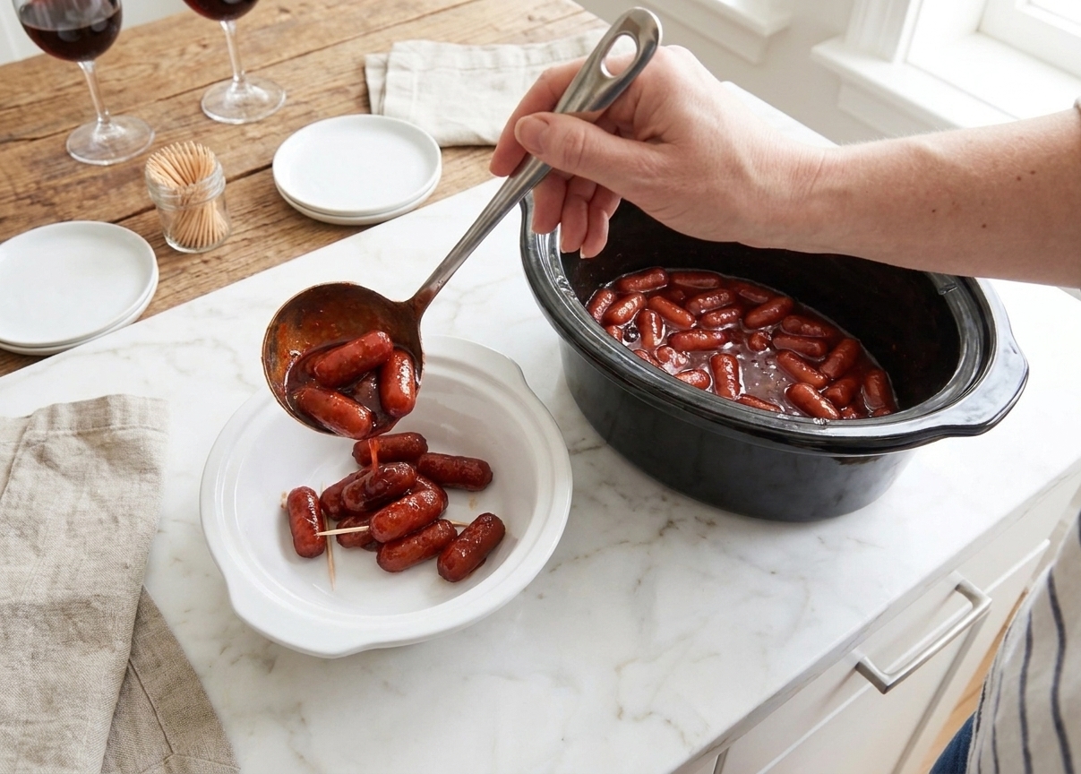 A person ladling glossy grape jelly chili sauce cocktail sausages into a serving bowl on a bright kitchen counter