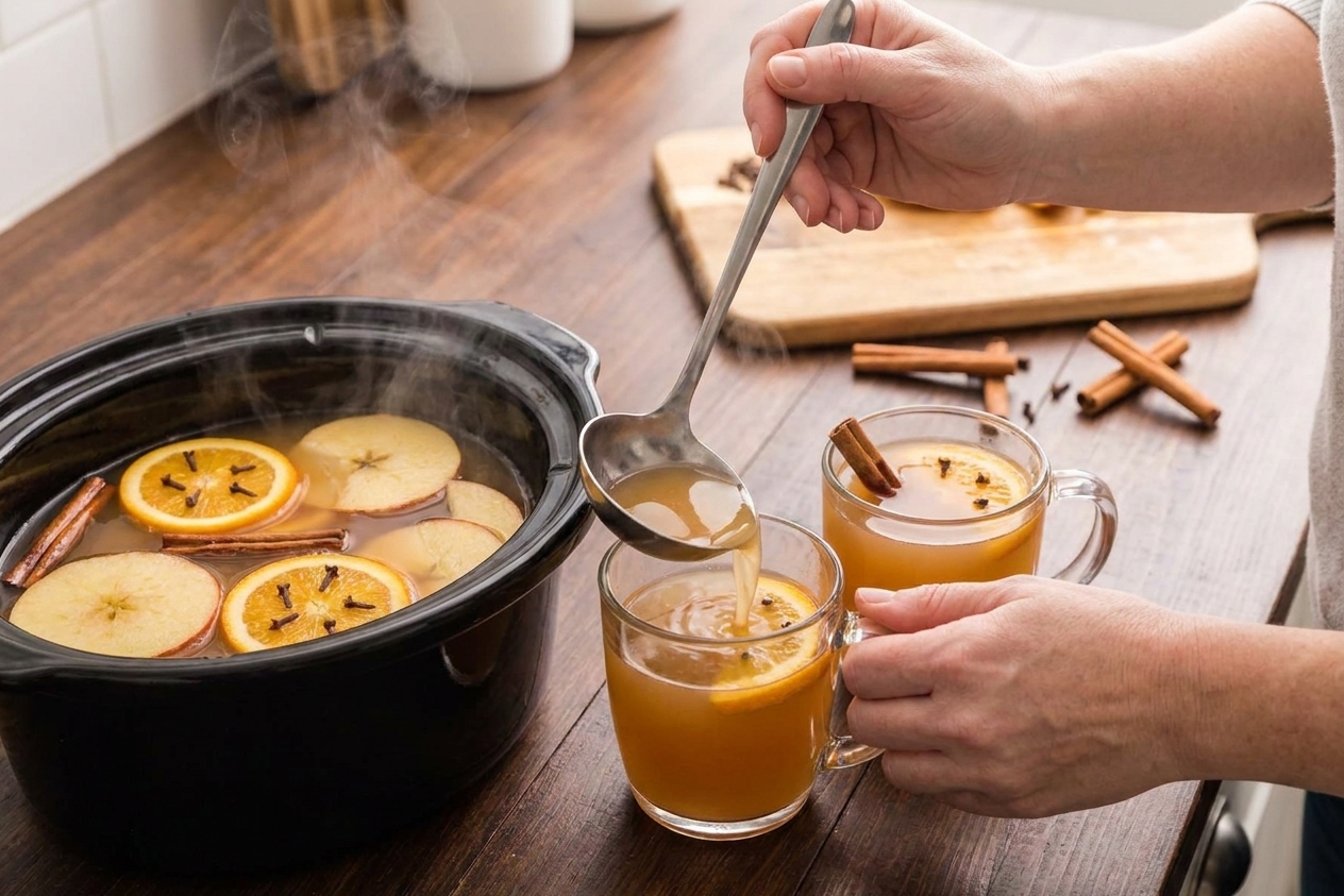 A person ladling hot apple cider from a pot into two mugs on a kitchen counter