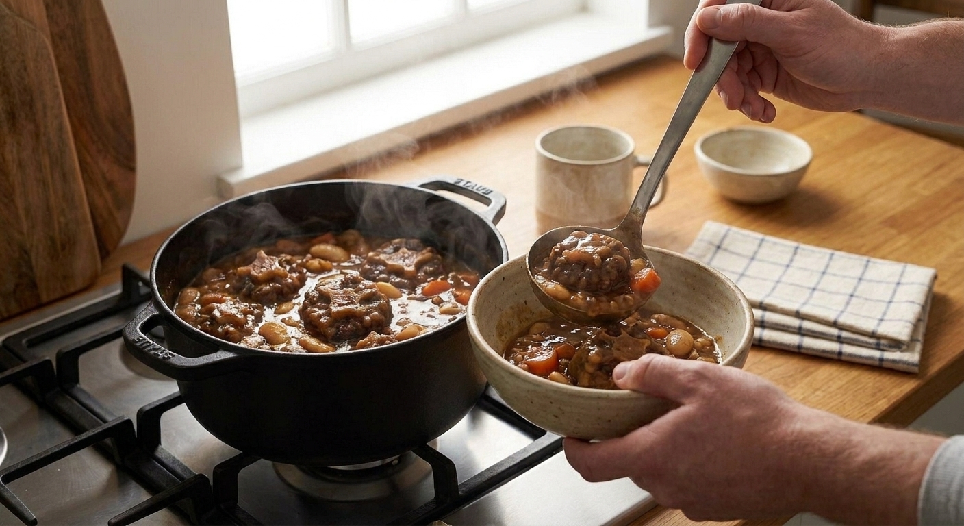 A person ladling oxtail stew from a pot into a bowl on a kitchen counter with warm lighting