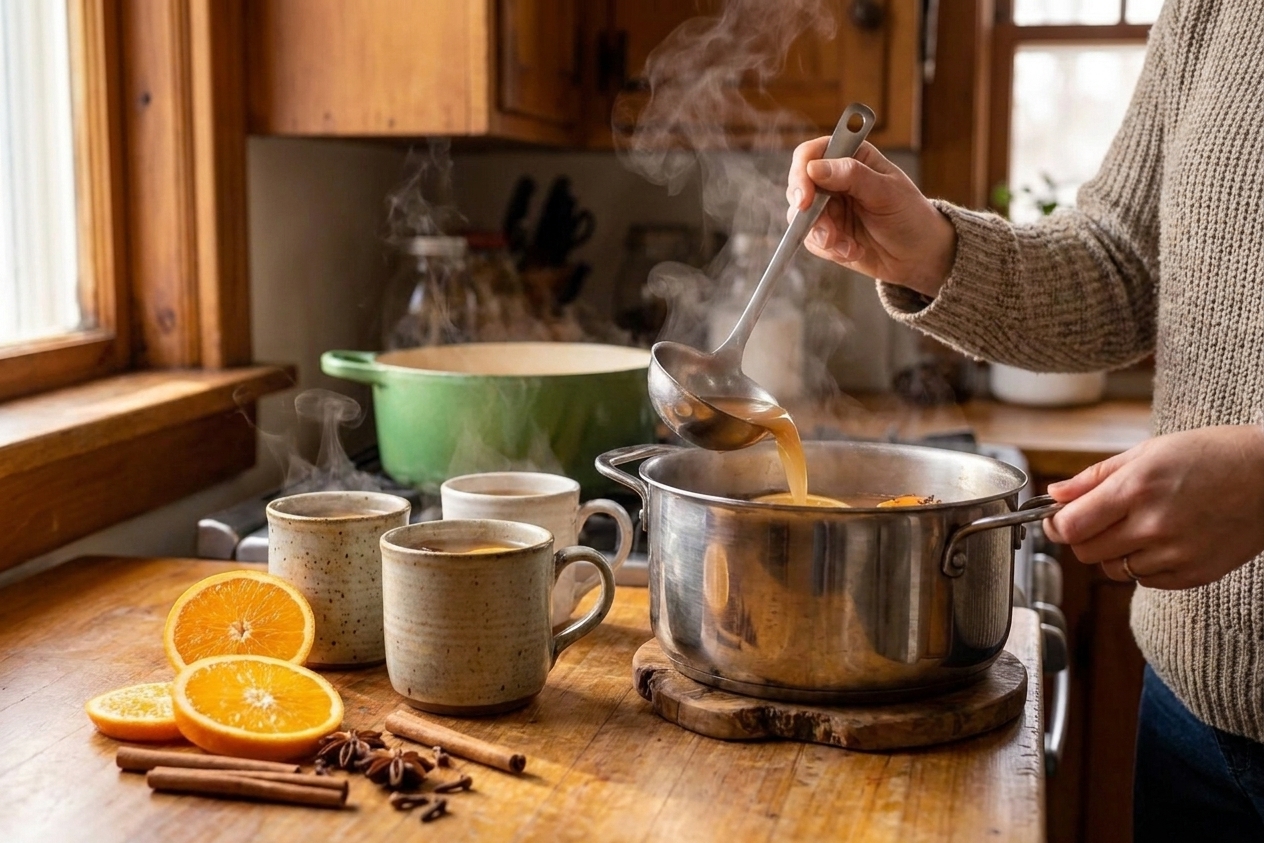 A person ladling steaming hot spiced apple cider from a pot into ceramic mugs on a kitchen counter