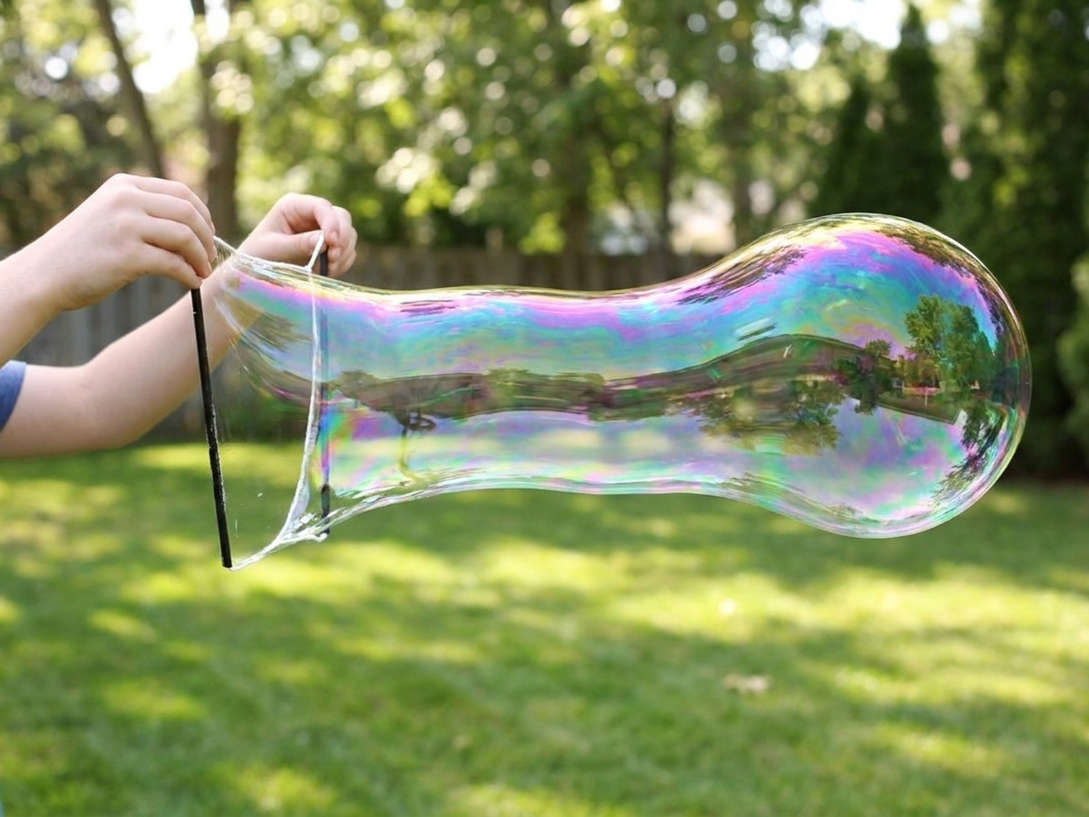 A person outdoors holding a string wand while a huge iridescent bubble stretches long and glossy across a backyard