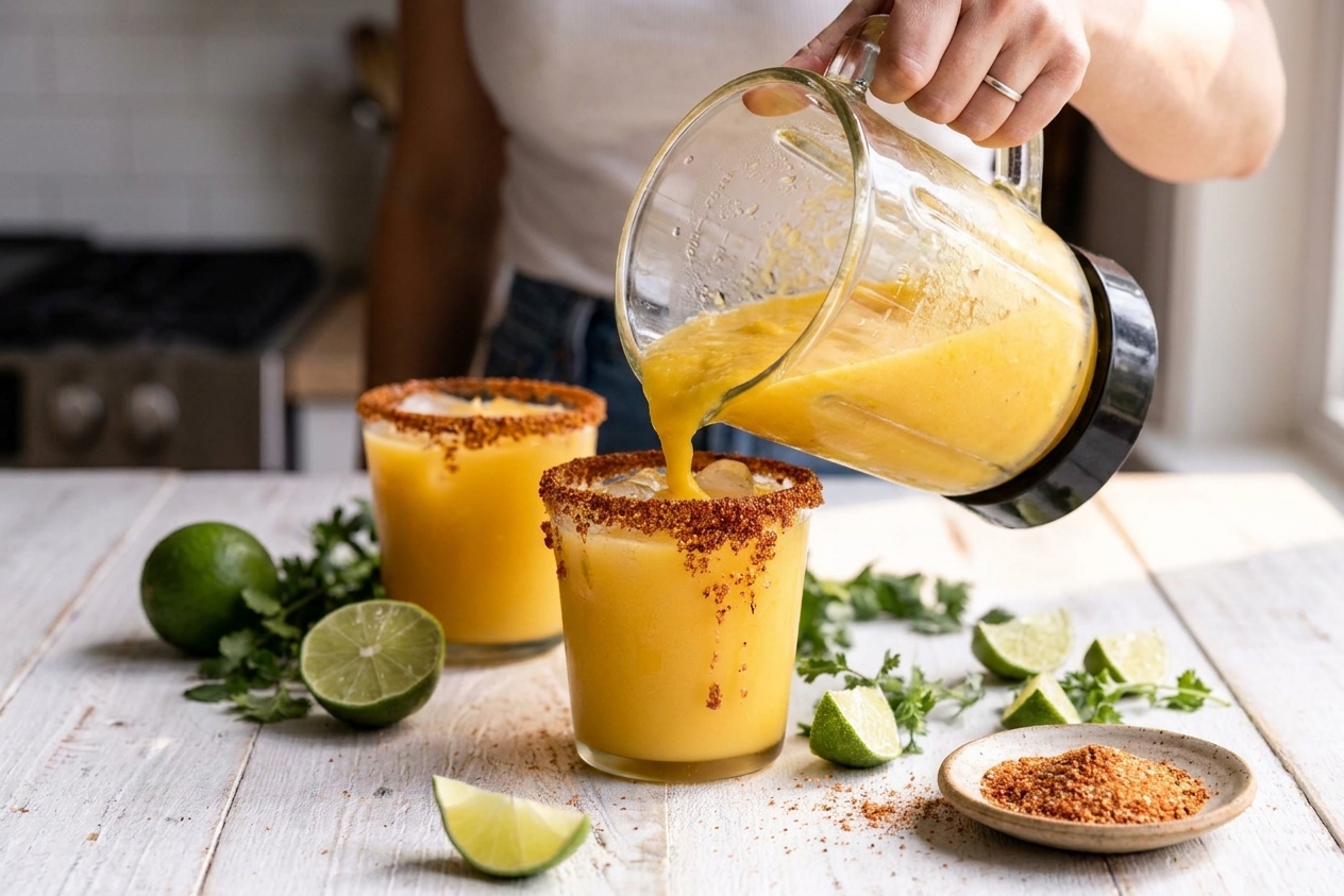 A person pouring a blended mango margarita from a blender into a chili-salt rimmed rocks glass on a tidy kitchen counter