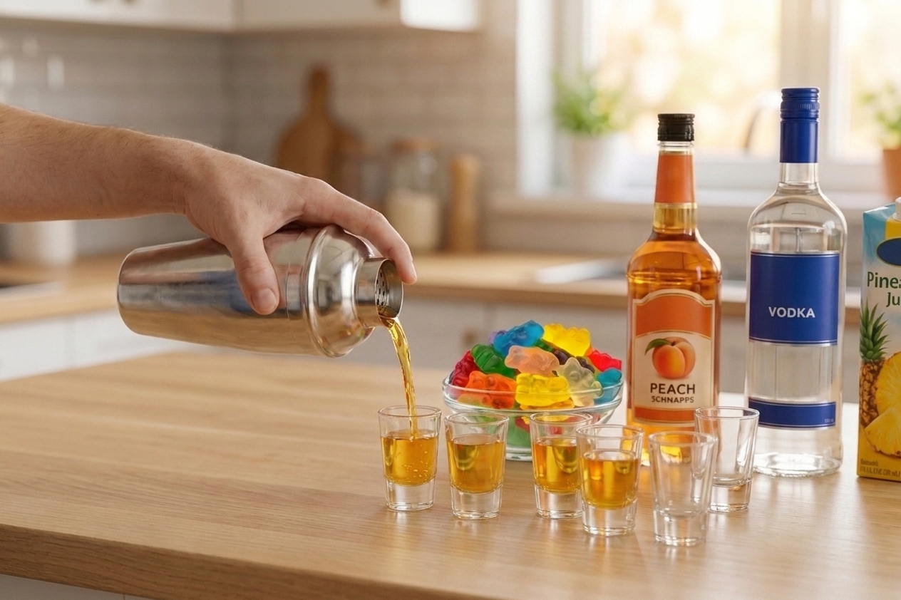 A person pouring a golden mixed shooter from a shaker into a neat row of shot glasses on a kitchen counter