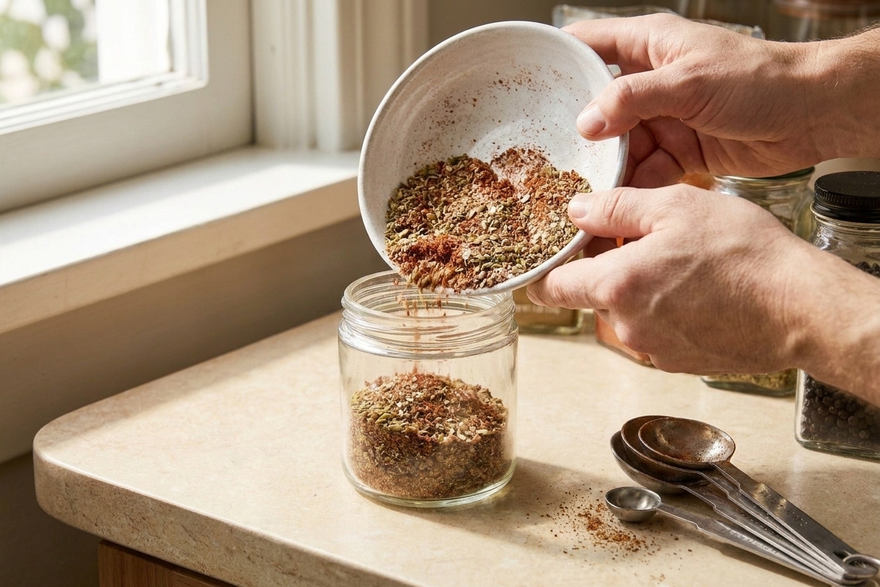 A person pouring a homemade adobo spice blend from a bowl into a small glass jar on a kitchen counter