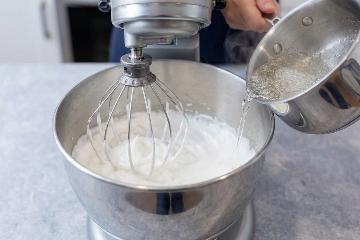 A person pouring a thin stream of hot sugar syrup into whipped egg whites in a stand mixer while it runs