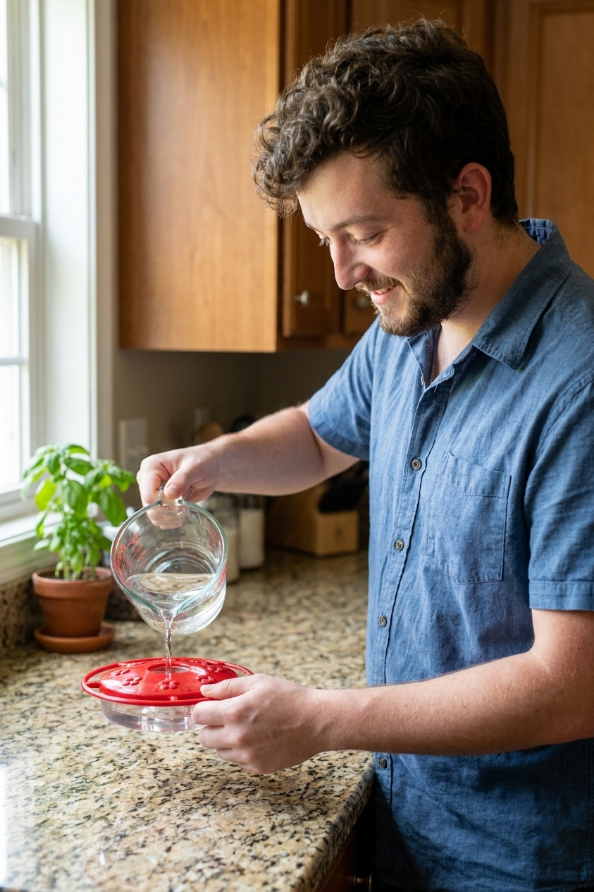 A person pouring clear homemade hummingbird nectar from a glass measuring cup into a clean red-topped hummingbird feeder on a kitchen counter, real photography style