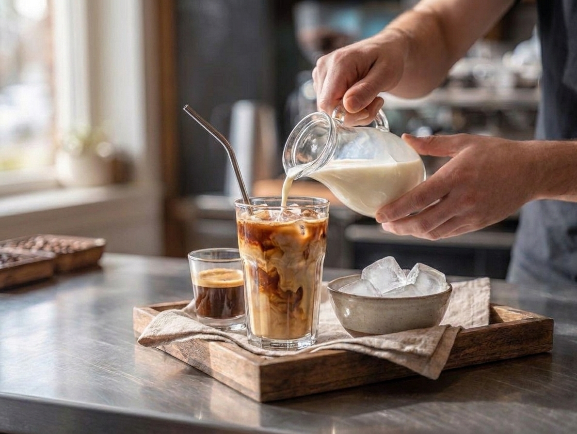 A person pouring cold milk from a small pitcher into a glass of iced espresso over ice on a kitchen counter