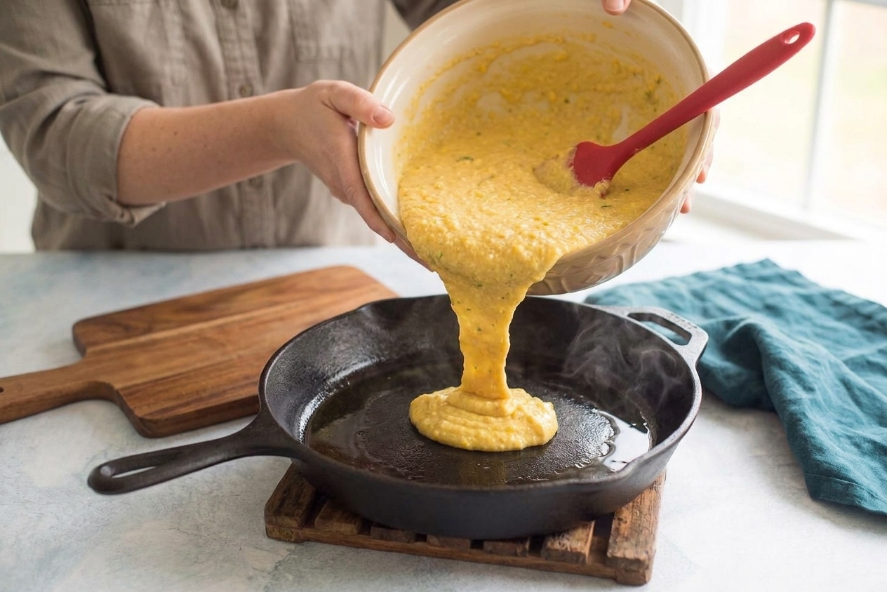 A person pouring vegan cornbread batter into a preheated cast iron skillet with a thin sheen of oil